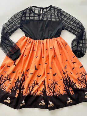 Girls 7 Halloween Haunted House Bats Orange & Black Dress